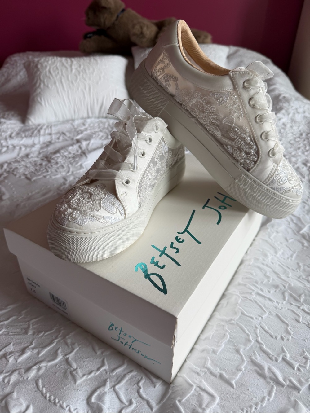 Betsey Johnson White Embroidered Satin Platform Sneakers